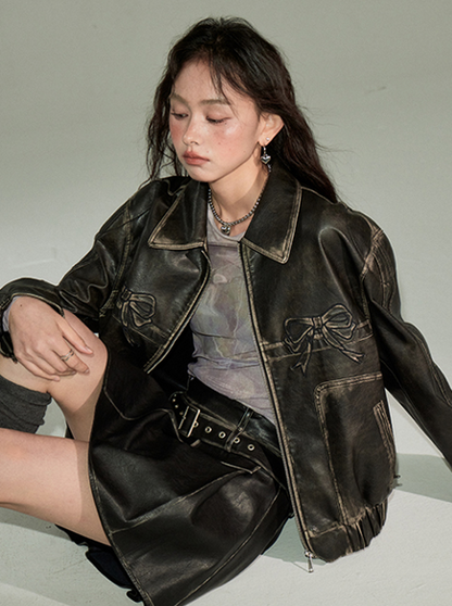 Ribbon Design Leather Wide Casual Jacket