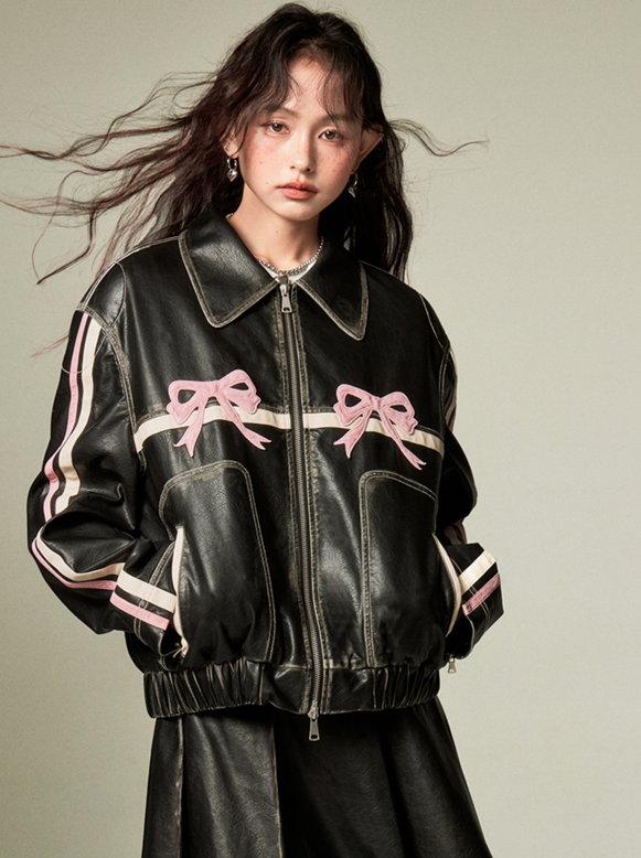 Ribbon Design Leather Wide Casual Jacket