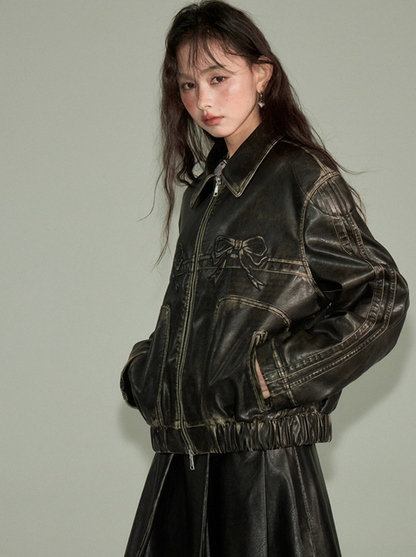 Ribbon Design Leather Wide Casual Jacket