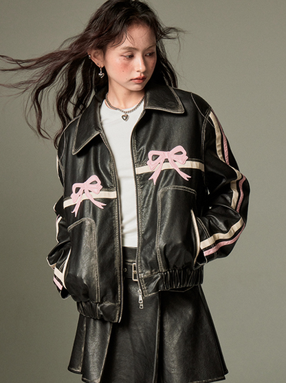 Ribbon Design Leather Wide Casual Jacket