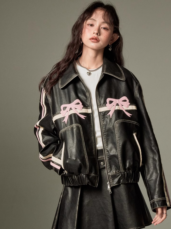 Ribbon Design Leather Wide Casual Jacket