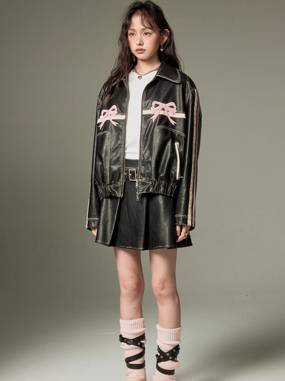 Ribbon Design Leather Wide Casual Jacket