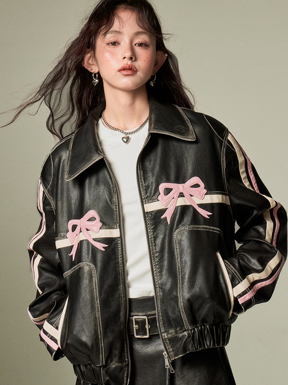 Ribbon Design Leather Wide Casual Jacket