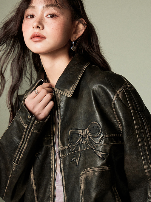 Ribbon Design Leather Wide Casual Jacket