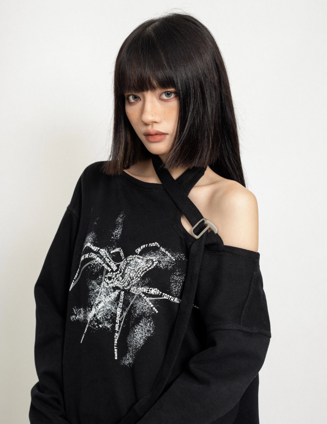 One-Shoulder Spider Druck lose Sweatshirt