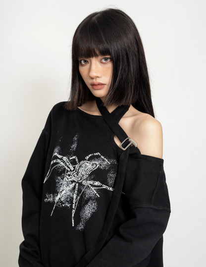 One-Shoulder Spider Print Loose Sweatshirt