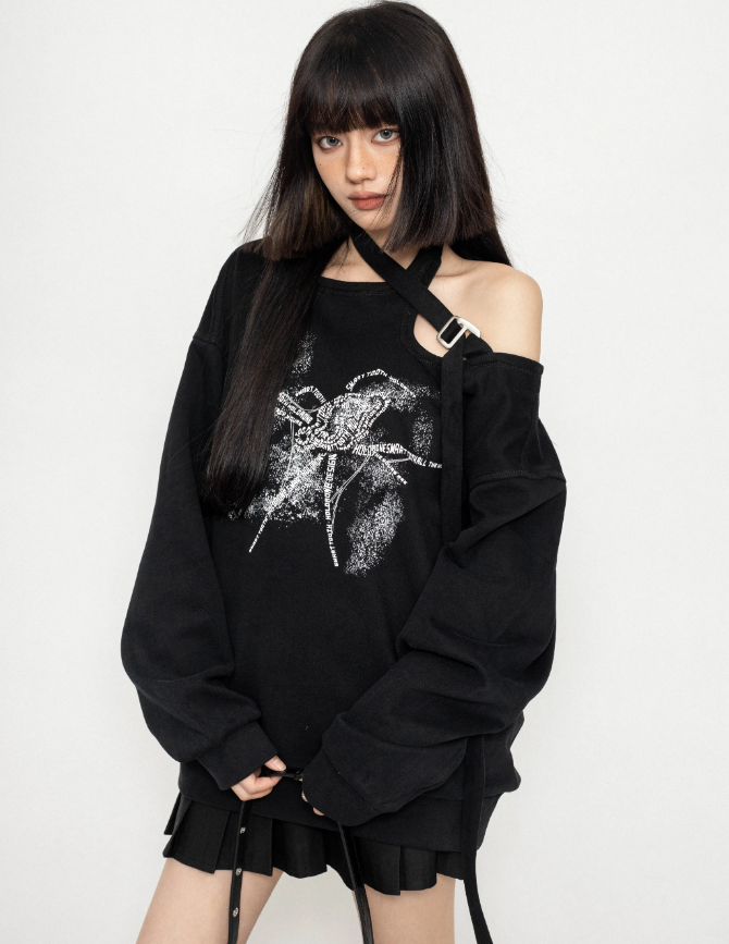 One-Shoulder Spider Print Loose Sweatshirt