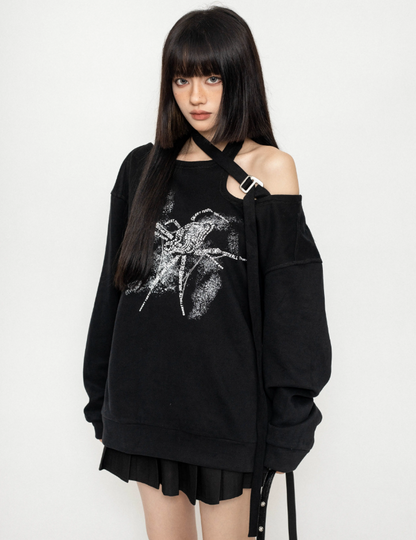 One-Shoulder Spider Print Loose Sweatshirt