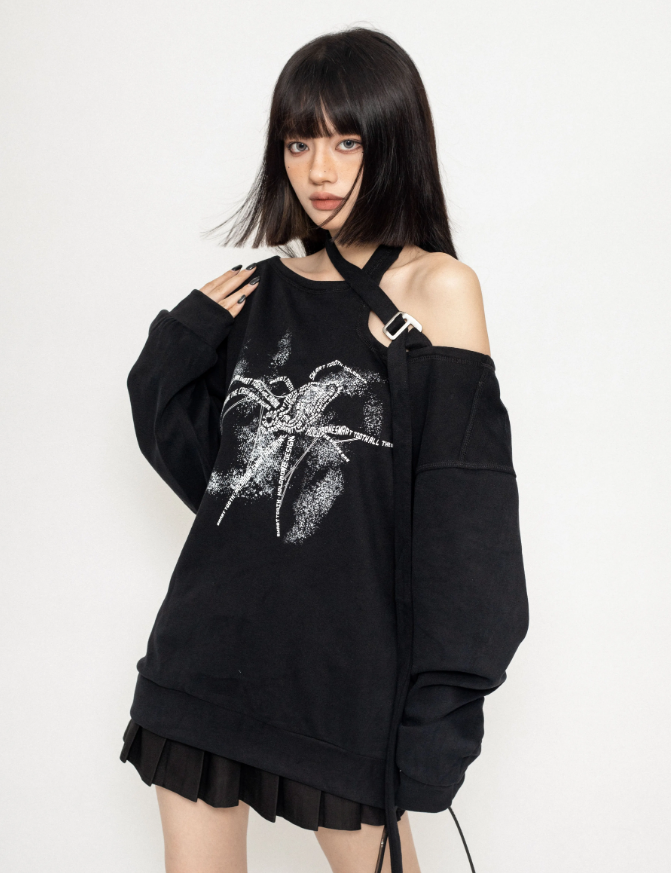 One-Shoulder Spider Druck lose Sweatshirt