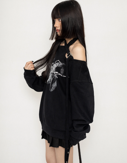 One-Shoulder Spider Print Loose Sweatshirt