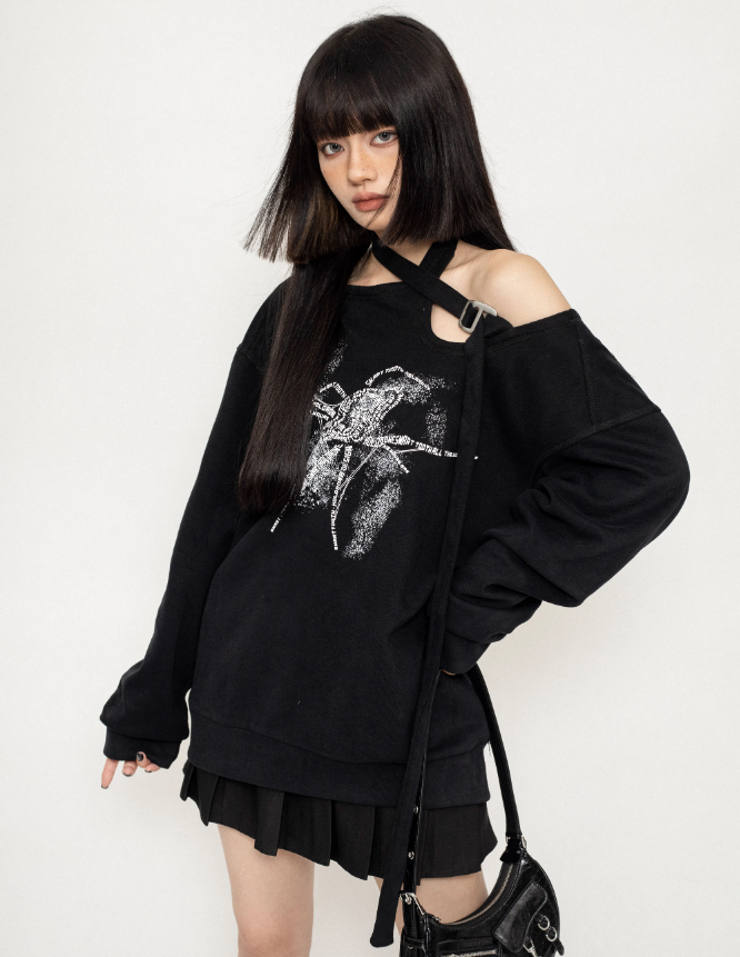 One-Shoulder Spider Print Loose Sweatshirt