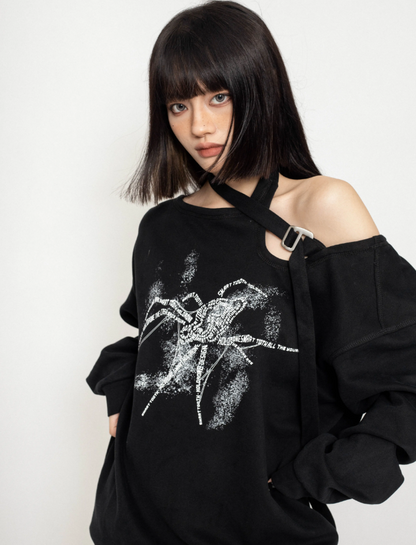 One-Shoulder Spider Druck lose Sweatshirt