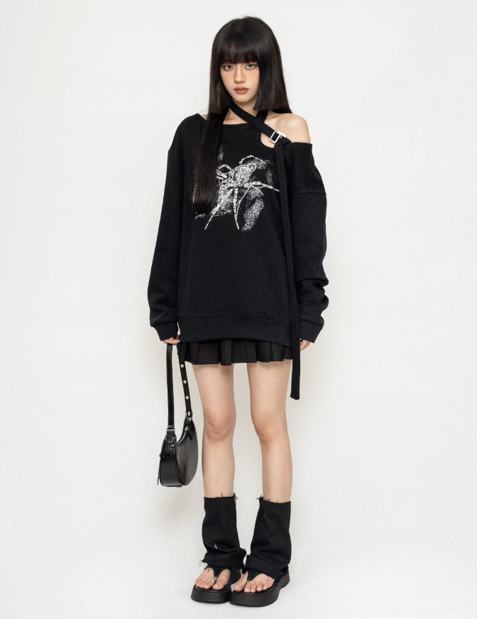 One-Shoulder Spider Print Loose Sweatshirt