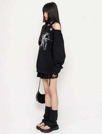 One-Shoulder Spider Print Loose Sweatshirt