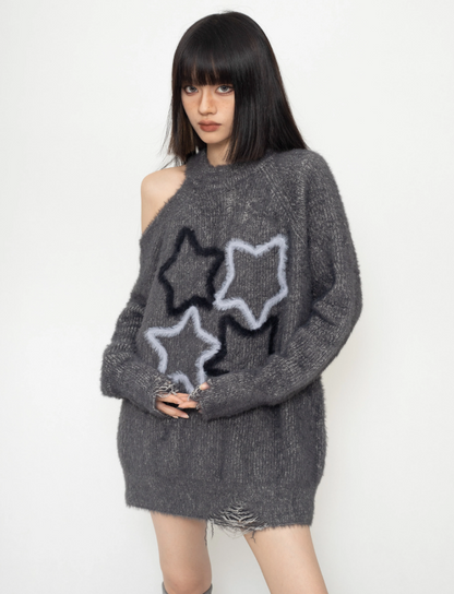 One-shoulder shaggy knit with star design