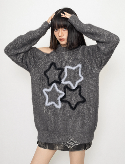 One-shoulder shaggy knit with star design