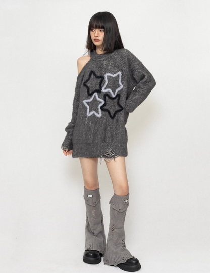 One-shoulder shaggy knit with star design