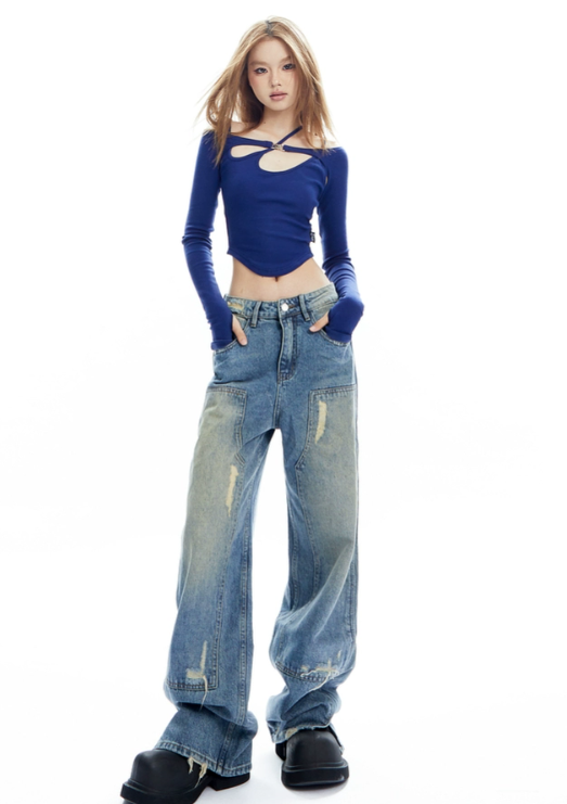 Cross-strap design slim top and wide denim pants
