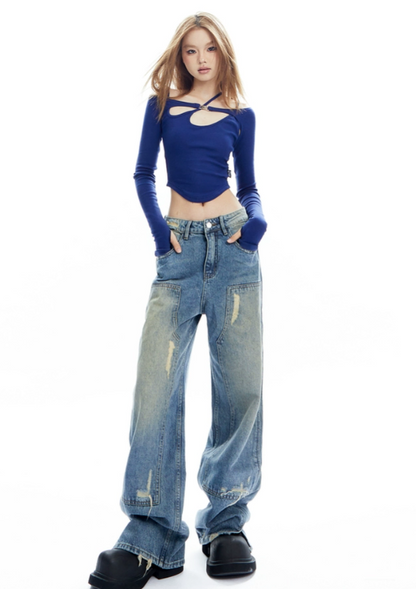 Cross-Strap-Design Slim Top und Wide Jeanshosen