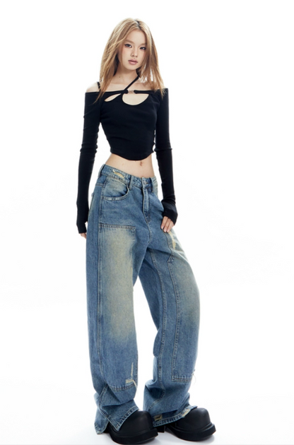 Cross-strap design slim top and wide denim pants