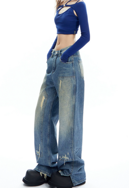 Cross-strap design slim top and wide denim pants