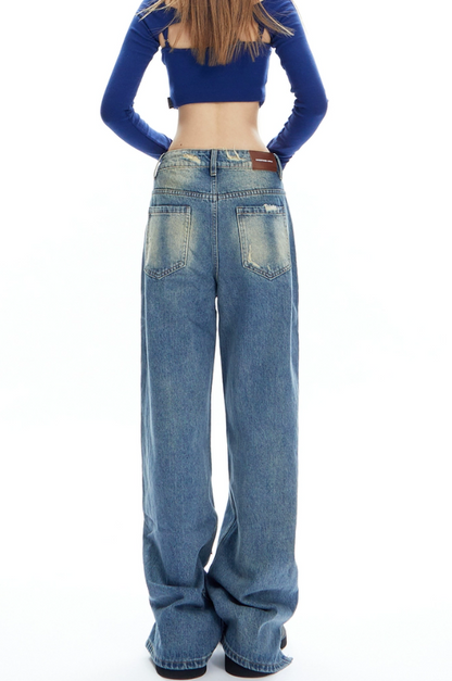 Cross-strap design slim top and wide denim pants