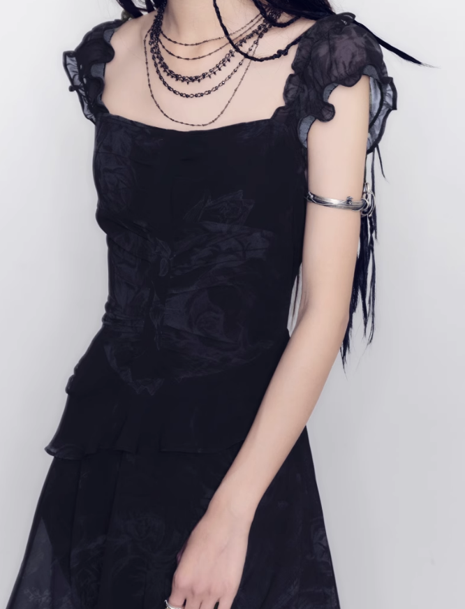 Sheer Frilled Black Dress