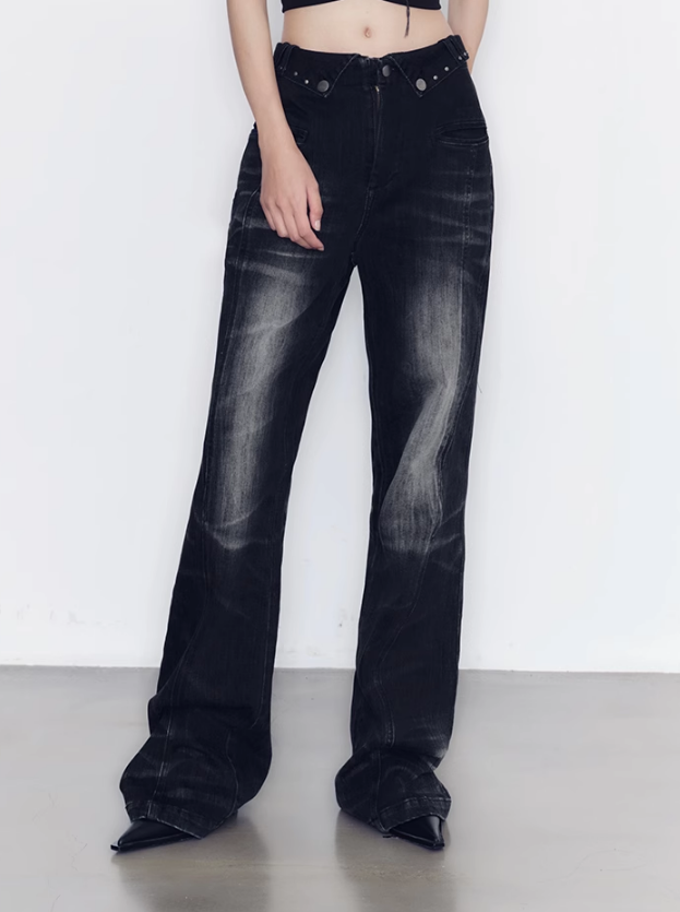 Waist Design Flared Black Denim