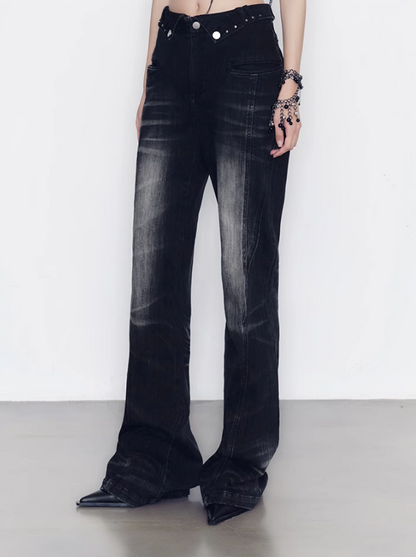 Waist Design Flared Black Denim