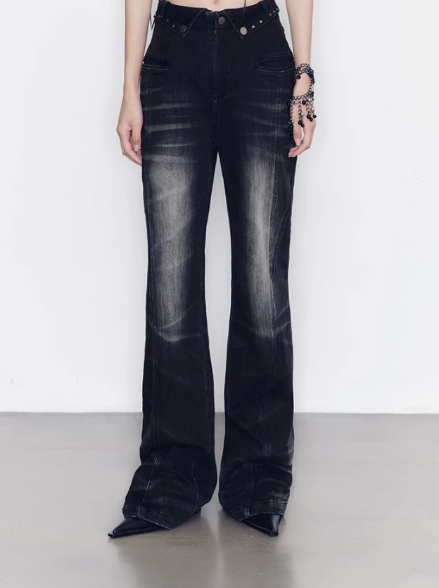 Waist Design Flared Black Denim