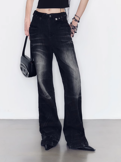 Waist Design Flared Black Denim