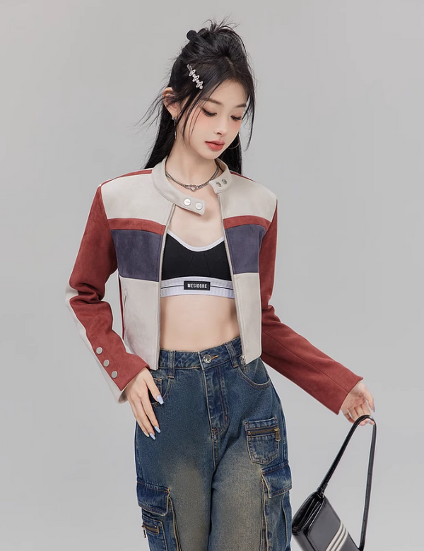 Contrast Color Suede Biker Jacket