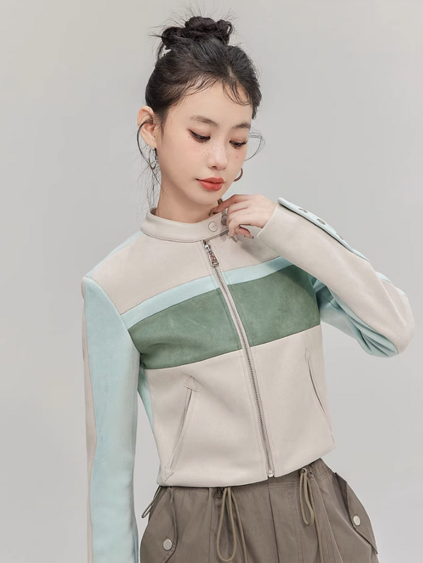 Contrast Color Suede Biker Jacket