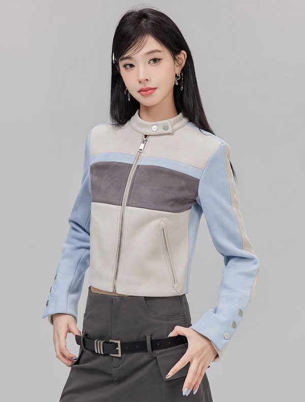 Contrast Color Suede Biker Jacket