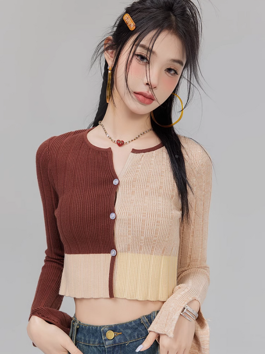 Contrast color knit short cardigan