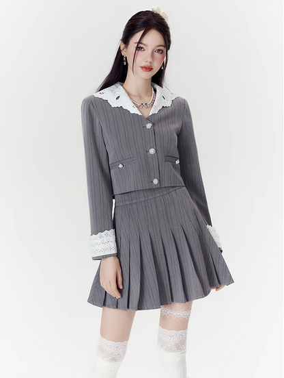 Retro Lace Collar Stripe Stitch Jacket & Skirt Setup