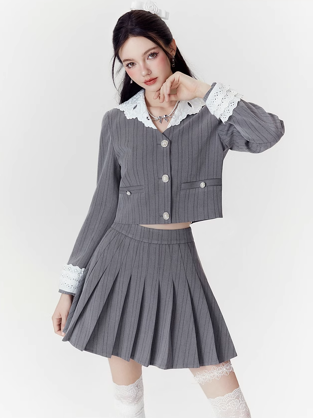 Retro Lace Collar Stripe Stitch Jacket & Skirt Setup