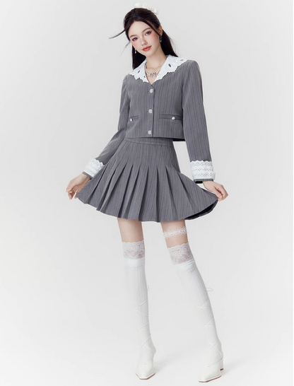 Retro Lace Collar Stripe Stitch Jacket & Skirt Setup