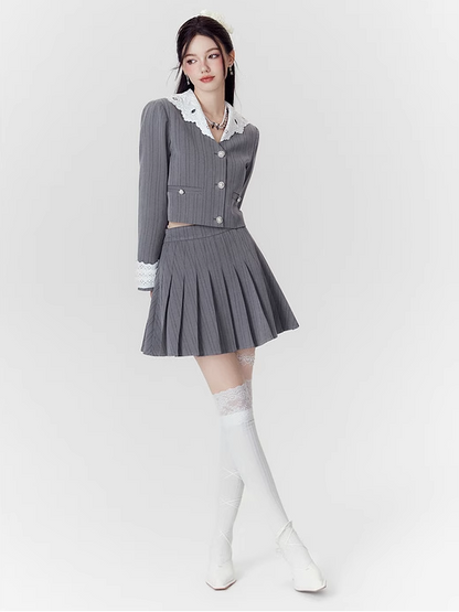 Retro Lace Collar Stripe Stitch Jacket & Skirt Setup