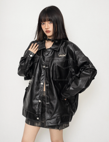 Top-stitched Lapel Design Leather Jacket