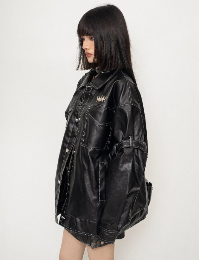 Top-stitched Lapel Design Leather Jacket