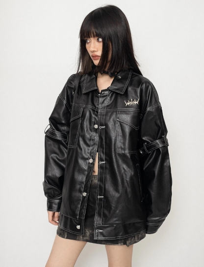 Top-stitched Lapel Design Leather Jacket