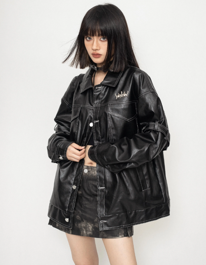 Top-stitched Lapel Design Leather Jacket