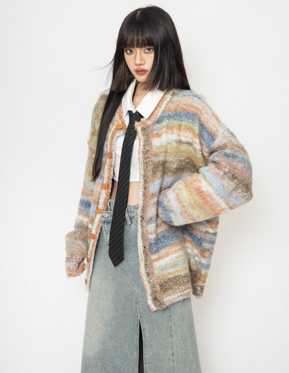 Gradient Tie-dye Loose Lazy Striped Knitted Sweater Cardigan