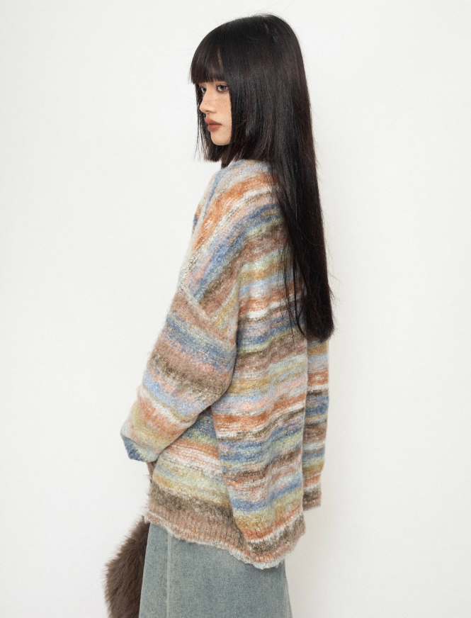 Gradient Tie-dye Loose Lazy Striped Knitted Sweater Cardigan