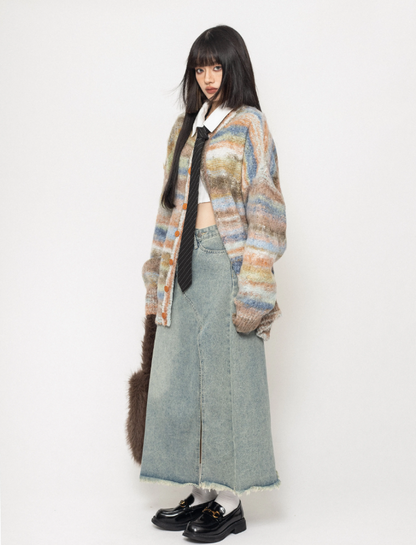 Gradient Tie-dye Loose Lazy Striped Knitted Sweater Cardigan