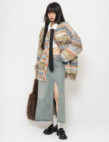 Gradient Tie-dye Loose Lazy Striped Knitted Sweater Cardigan