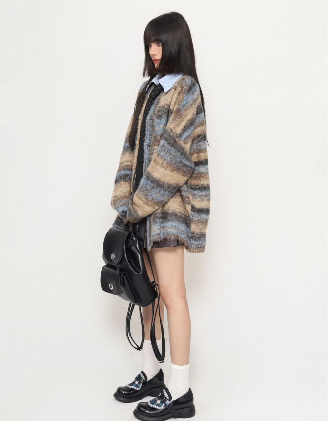 Gradient Tie-dye Loose Lazy Striped Knitted Sweater Cardigan