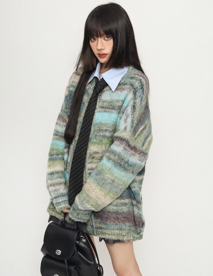 Gradient Tie-dye Loose Lazy Striped Knitted Sweater Cardigan