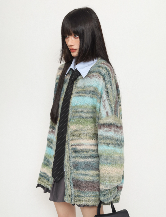 Gradient Tie-dye Loose Lazy Striped Knitted Sweater Cardigan